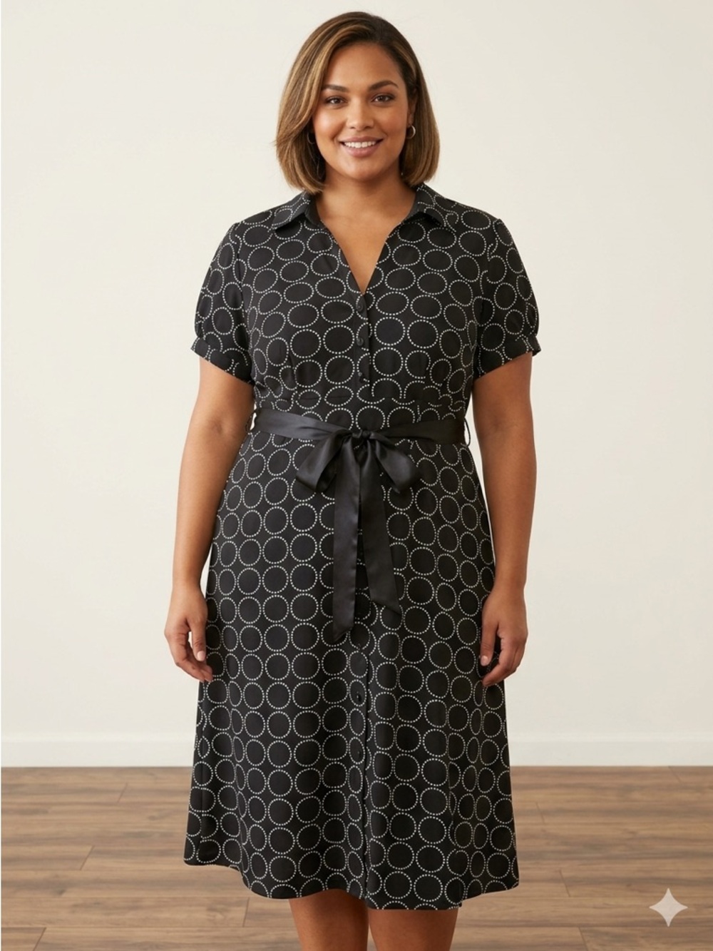 Bobbie Bee Black Midi Dress with White Circle Print and Satin Waist Tie Size 22W